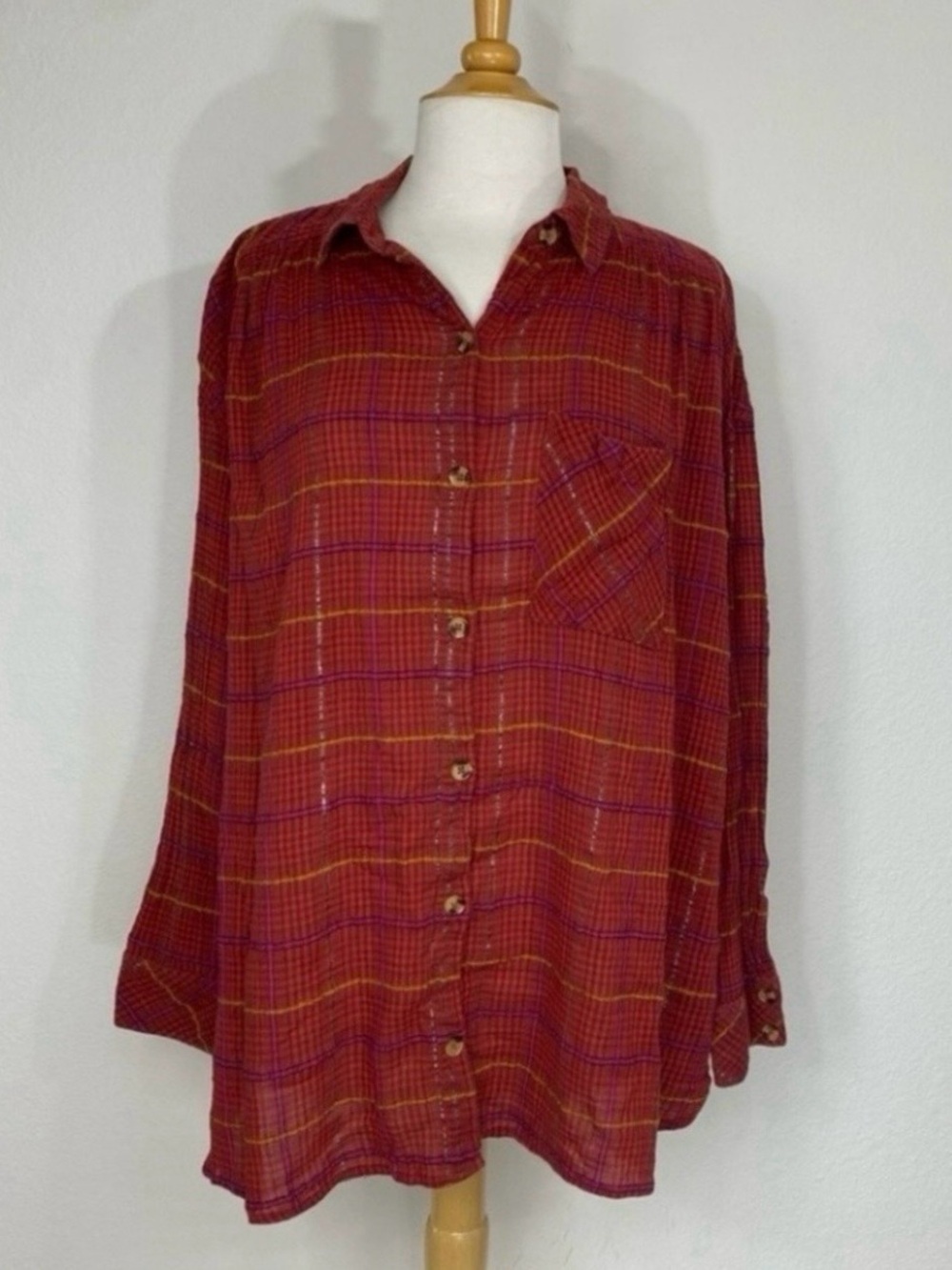 Free People Womens Red Pink Shimmer Plaid Gauzy Button Oversize Shirt Size Large